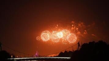 The colorful and beautiful fireworks show with the dark sky as background at night photo