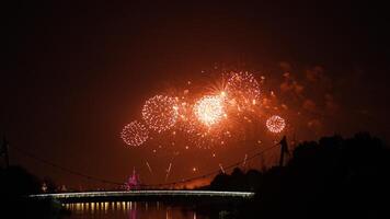 The colorful and beautiful fireworks show with the dark sky as background at night photo