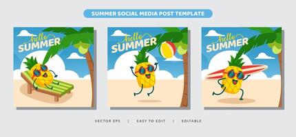 Hola verano actividad con piña mascota personaje para social medios de comunicación enviar bandera vector