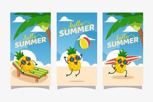 Hola verano actividad con piña mascota personaje para social medios de comunicación cuentos bandera vector