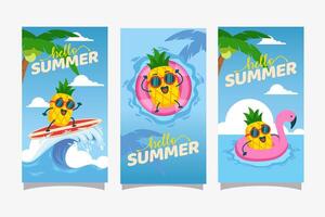 Hola verano actividad con piña mascota personaje para social medios de comunicación cuentos bandera vector