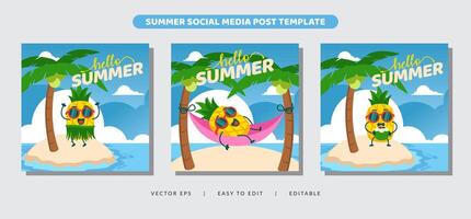 Hola verano actividad con piña mascota personaje para social medios de comunicación enviar bandera vector