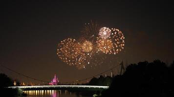 The colorful and beautiful fireworks show with the dark sky as background at night photo