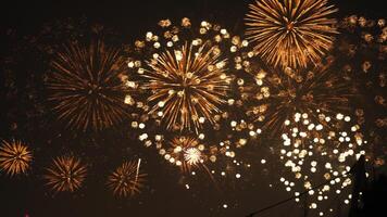 The colorful and beautiful fireworks show with the dark sky as background at night photo
