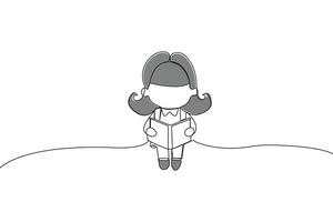 Cute little girl sitting and reading a book continuous line art drawing. vector