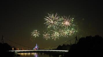 The colorful and beautiful fireworks show with the dark sky as background at night photo