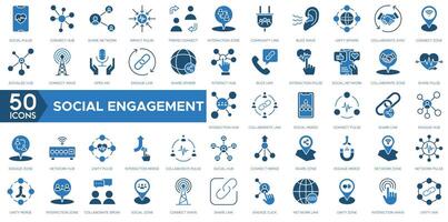 Social Engagement icon set. Social Pulse, Connect Hub, Share Network, Impact Pulse, Friend Connect, Interaction Zone, Community Link and Buzz Wave vector