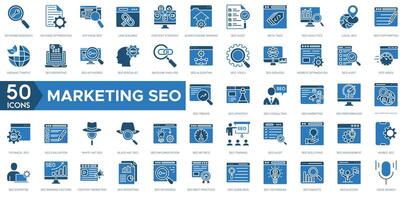 Marketing SEO icon set. Keyword Research, Link Building, Content Strategy, Search Engine Ranking, SEO Audit, Meta Tags, Analytics, Local SEO vector
