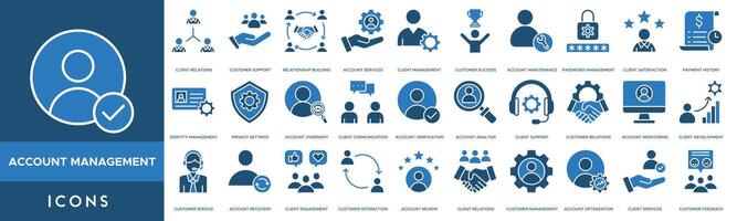 Account Management icon set. Client Relations, Customer Support, Relationship Building, Account Services, Client Management, Customer Success, Account Maintenance and Password Management vector