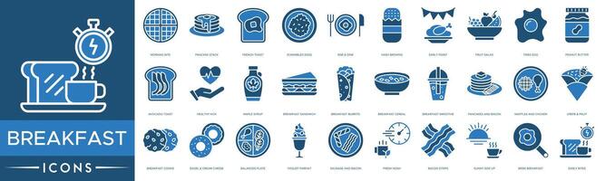 Breakfast icon set. Morning Bite, Pancake Stack, French Toast, Scrambled Eggs , Rise and Dine, Hash Browns, Early Feast, Fruit Salad, Fried Egg, Peanut Butter vector