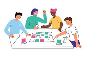 Friends playing board game with cards. Teams guess code words, competition word game at table. Composition with cartoon people at table. illustration of family leisure activity at home vector