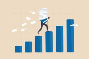 Effort or hard work to success, work burden or heavy pressure weight, challenge to climb career ladder, motivation or efficiency concept, businessman carry heavy document paper step on growth graph. vector