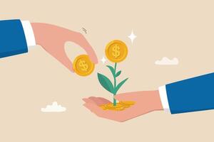 Investment growth, investing for financial independent or financial freedom, mutual fund or growth stock, saving or earning profit concept, businessman hand put money coin on growing money seedling. vector