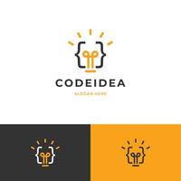 creative think programmer logo design with light bulb and code symbol simple modern concept vector