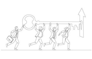 Continuous one line drawing of business people helping each other insert key into open keyhole of up arrow, key to business team success concept, single line art. vector