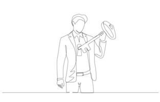 Continuous one line drawing of businessman insert key into keyhole in his body, unlocking personal skills concept, single line art. vector