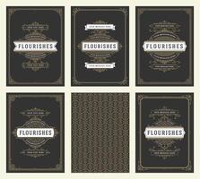 Vintage ornament greeting cards set templates flourish ornate frames and pattern background illustration vector