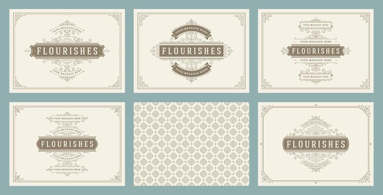 Vintage ornament greeting cards set templates flourish ornate frames and pattern background illustration