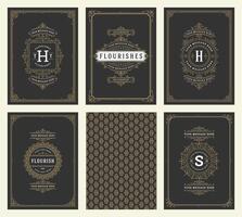 Vintage ornament greeting cards set templates flourish ornate frames and pattern background illustration vector