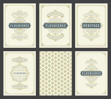 Vintage ornament greeting cards set templates flourish ornate frames and pattern background illustration vector