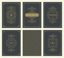 Vintage ornament greeting cards set templates flourish ornate frames and pattern background illustration vector