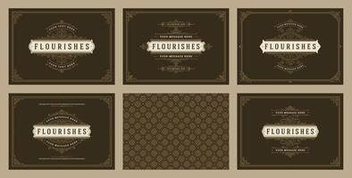 Vintage ornament greeting cards set templates flourish ornate frames and pattern background illustration vector