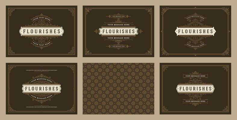 Vintage ornament greeting cards set templates flourish ornate frames and pattern background illustration
