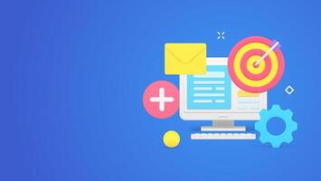 Computer desktop with open information file with machine mechanism, target aim, new email envelope vector