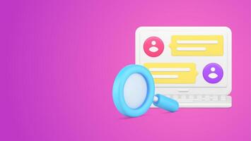 Chatting dialogue message web cyberspace at laptop display magnifying glass 3d icon illustration vector