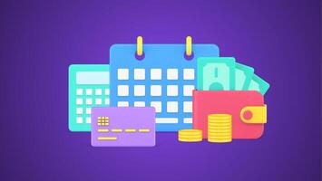 Calculating regular monthly payment with calendar, debit card and coins cash money dollar 3d icon vector