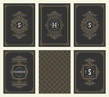 Vintage ornament greeting cards set templates flourish ornate frames and pattern background illustration vector