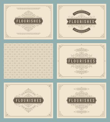 Vintage ornament greeting cards set templates flourish ornate frames and pattern background