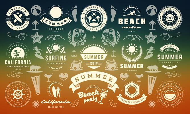 Summer labels and badges design set retro typography for posters, greeting cards and banners.