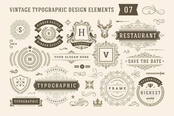 Vintage typographic design elements set illustration.