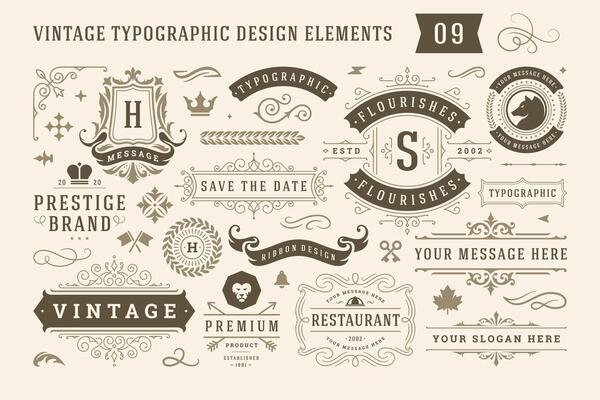 Vintage typographic design elements set illustration.