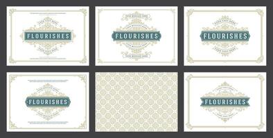 Vintage ornament greeting cards set templates flourish ornate frames and pattern background illustration vector