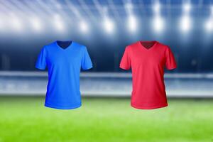 Blue and red jerseys in a football stadium, symbolizing team presentation before a match, ideal for sports-themed presentations and designs photo