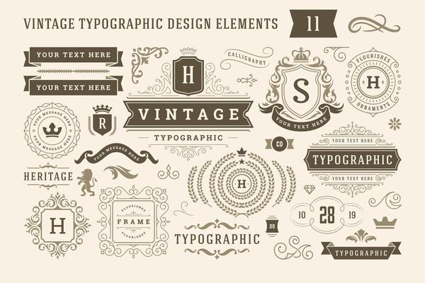 Vintage typographic design elements set illustration.