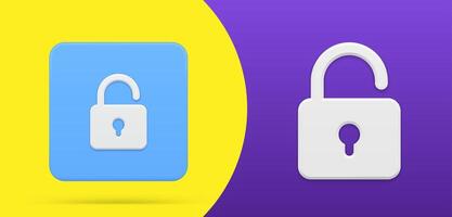 Simple 3d icon open hanged lock button and emblem set at yellow purple background vector