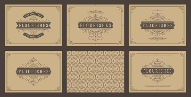 Vintage ornament greeting cards set templates flourish ornate frames and pattern background illustration
