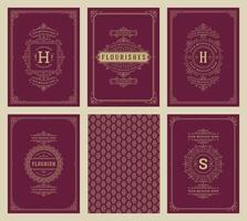 Vintage ornament greeting cards set templates flourish ornate frames and pattern background illustration vector