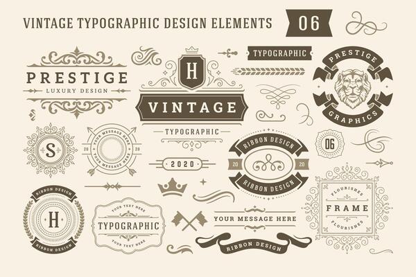 Vintage typographic design elements set illustration.