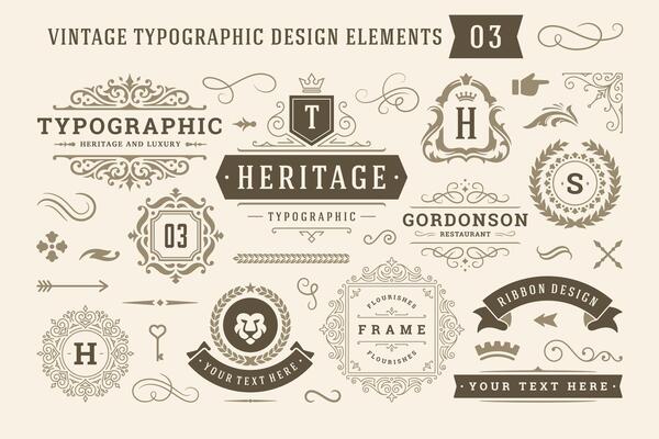 Vintage typographic design elements set illustration.