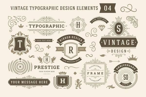 Vintage typographic design elements set illustration.