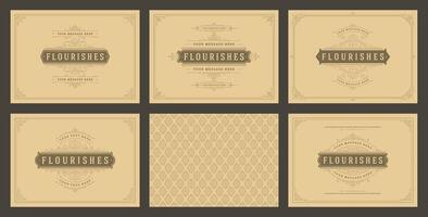 Vintage ornament greeting cards set templates flourish ornate frames and pattern background illustration vector