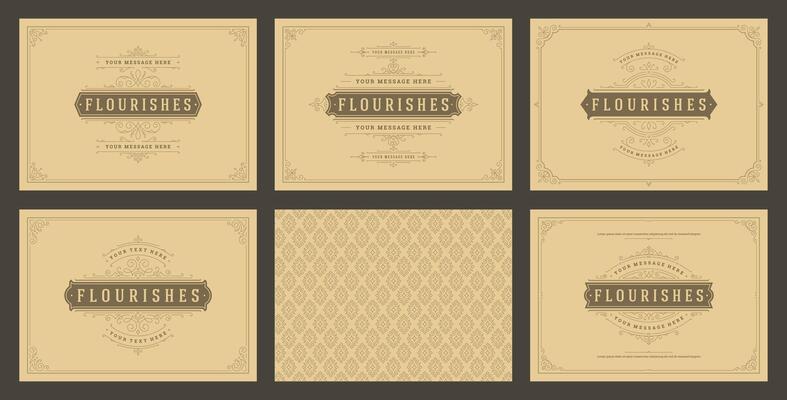 Vintage ornament greeting cards set templates flourish ornate frames and pattern background illustration