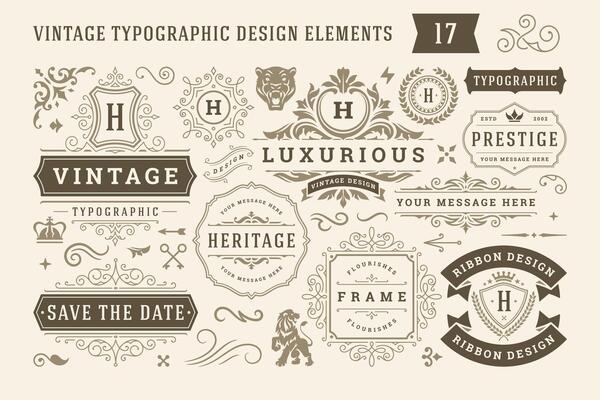 Vintage typographic design elements set illustration.