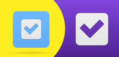 Simple check mark 3d icon squared button set illustration. Symbol of approved, agree, choice vector