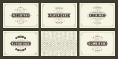 Vintage ornament greeting cards set templates flourish ornate frames and pattern background illustration vector
