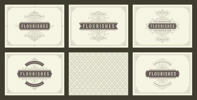 Vintage ornament greeting cards set templates flourish ornate frames and pattern background illustration